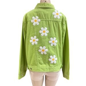 LIGHTHOUSE APPAREL Vintage Daisy Embroidered Jeans Jacket Lime Green Cottage XL